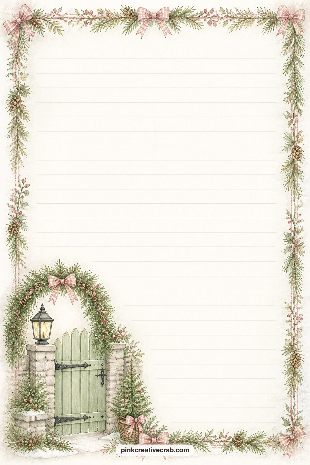 Cottage Gate And Garland Corner Lined Page printable page — A small cottage gate wrapped in garland sits in one corner, leaving the rest of the page open for a