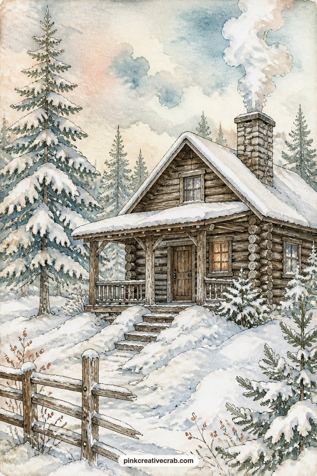 Smoking Chimney Cabin printable page — Snowy pines crowd a log cabin with smoke rising soft and grey from its chimney, a small lit window glowing against the