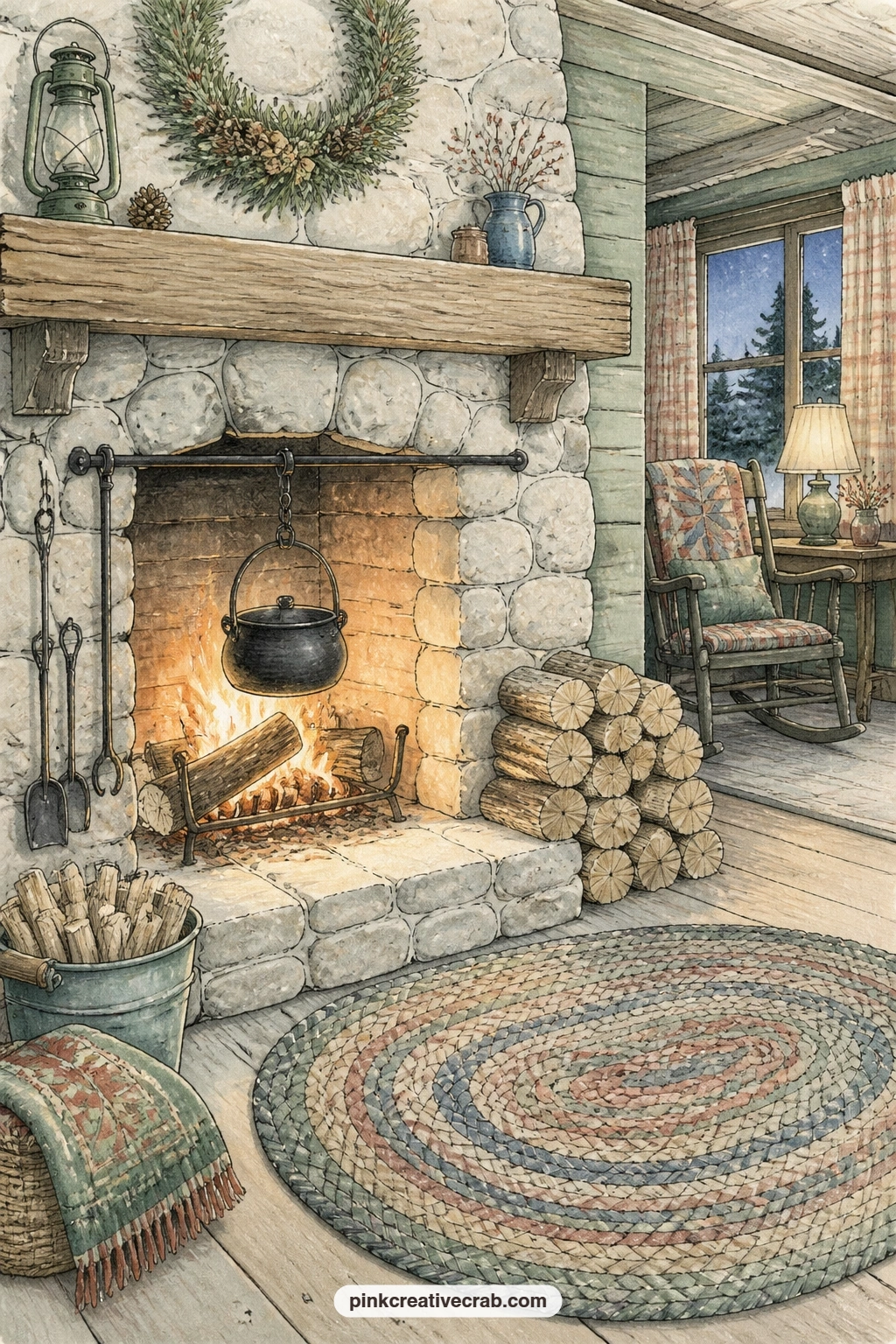 Stone Fireplace Evening printable page — The usual mistake here is leaving the hearth too empty: tuck in the kettle, the split logs and the braided rug so the