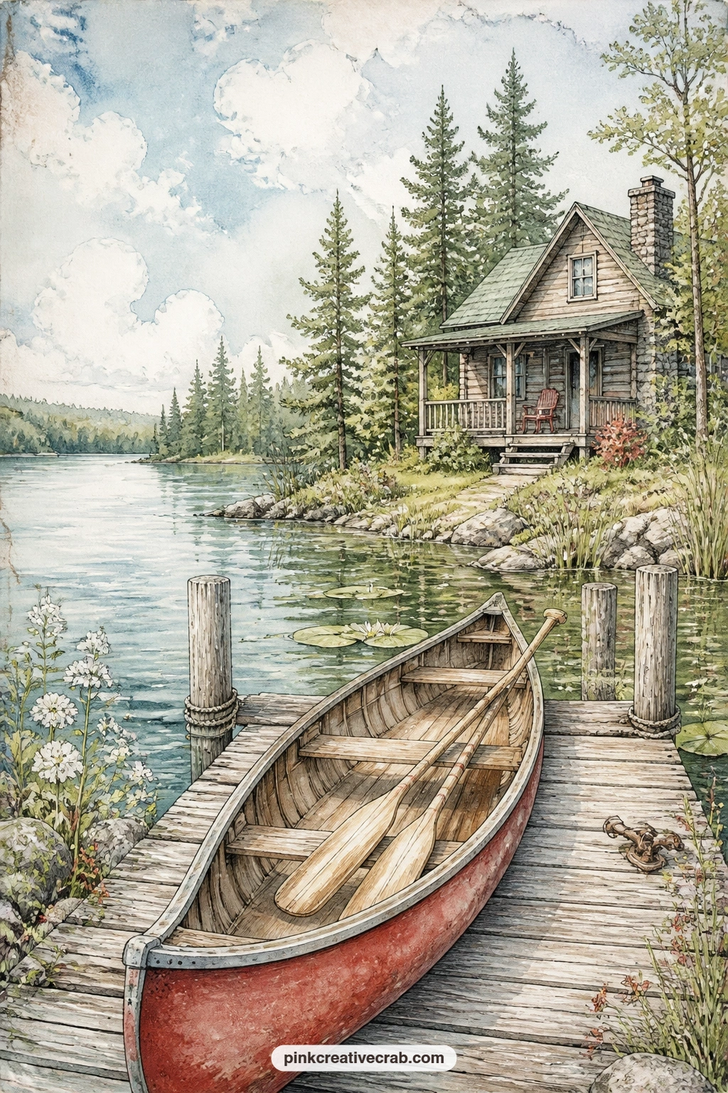 Lake Dock Canoe printable page — Glue in a real ticket stub, a pressed leaf or a small photo from a lake trip right on the dock boards, where the empty plank