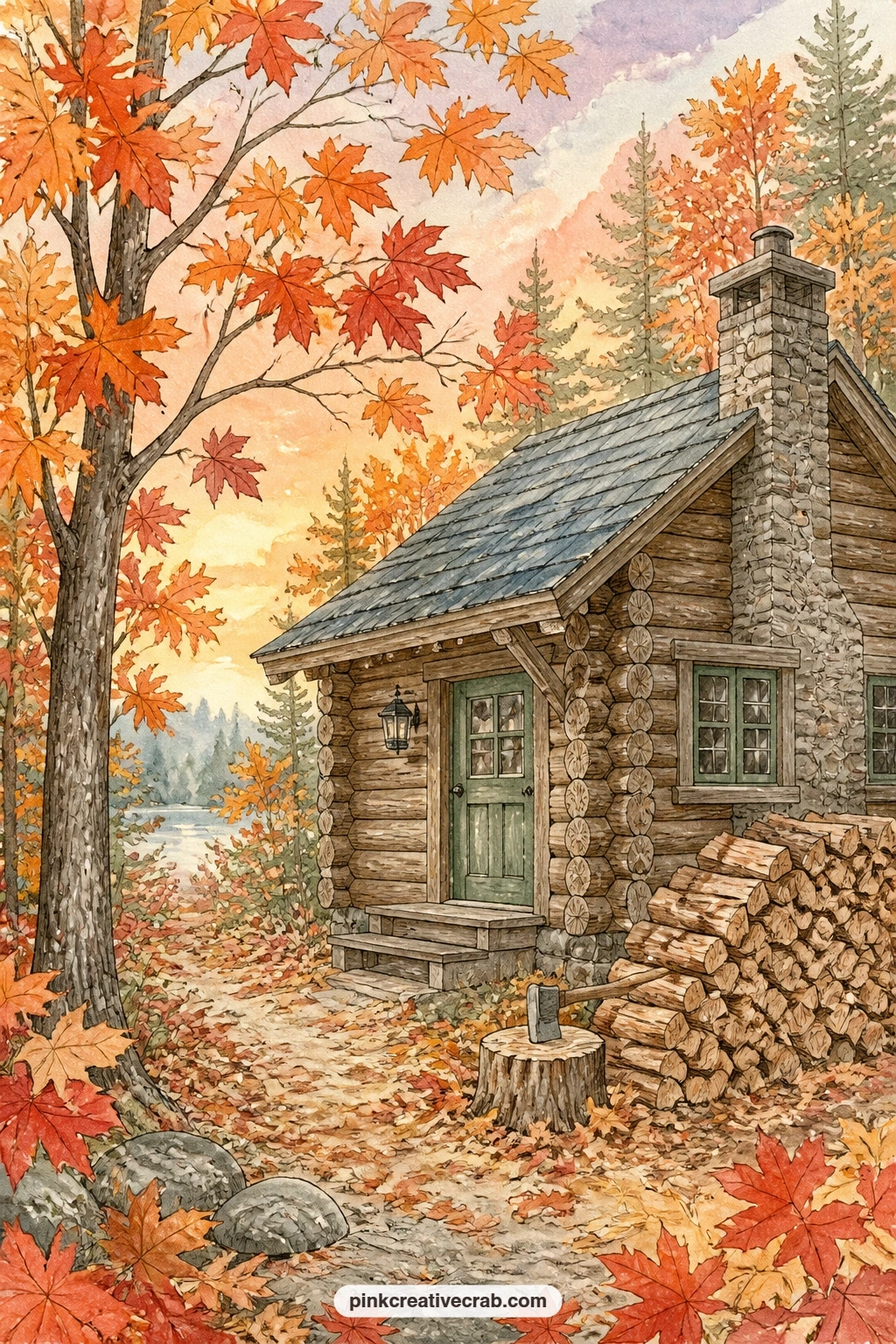 Autumn Maple Firewood printable page — Try tea-staining just the bottom edge of this page before gluing it in, so the pile of split firewood looks a touch
