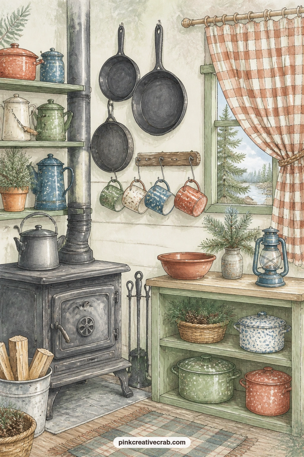 Cabin Kitchen Corner printable page — What would the entry on this page say: a scribbled recipe, a note about Sunday pancakes, or simply what smelled good that