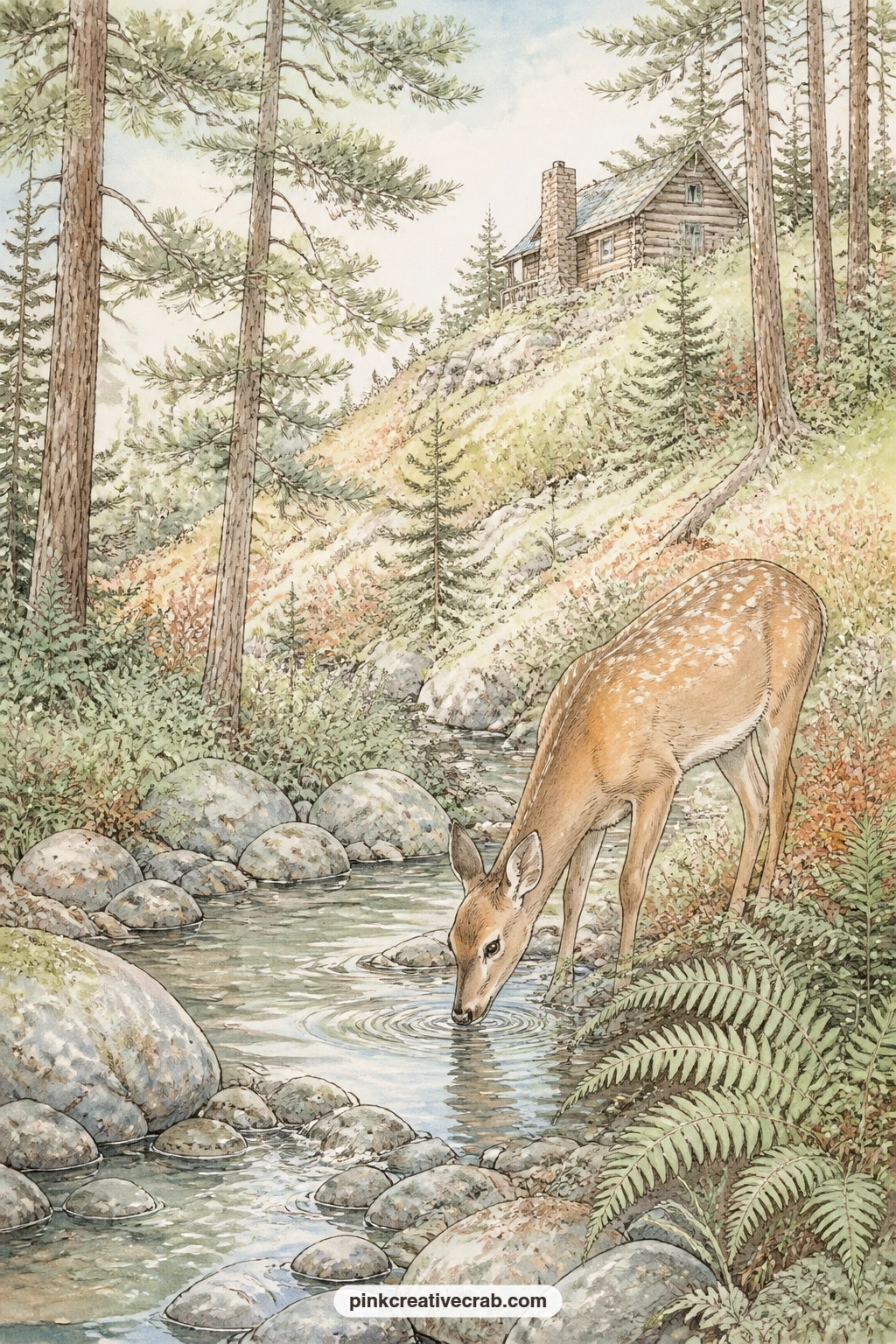 Deer At The Stream printable page — A deer bends to drink at a stream below a hillside cabin, ferns and smooth stones lining the water while pines rise behind