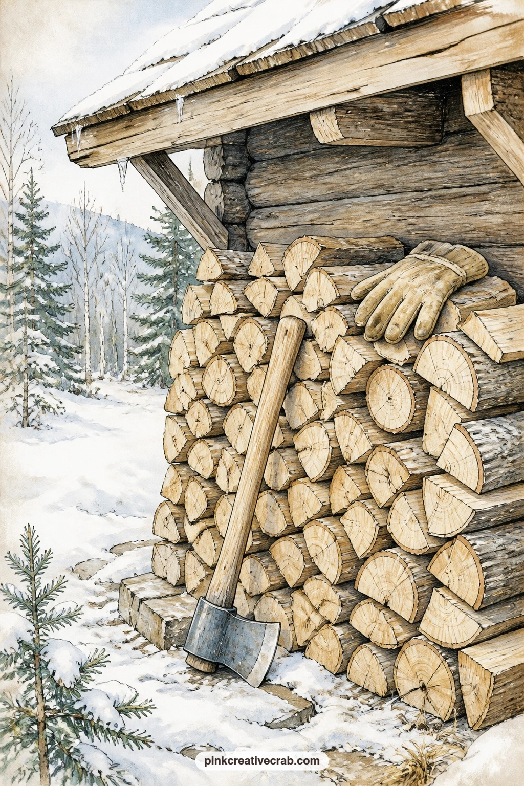 Firewood Stack Under Eave printable page — Pair this with the stacked firewood lined page later in the set, writing a short list of winter chores in the margin