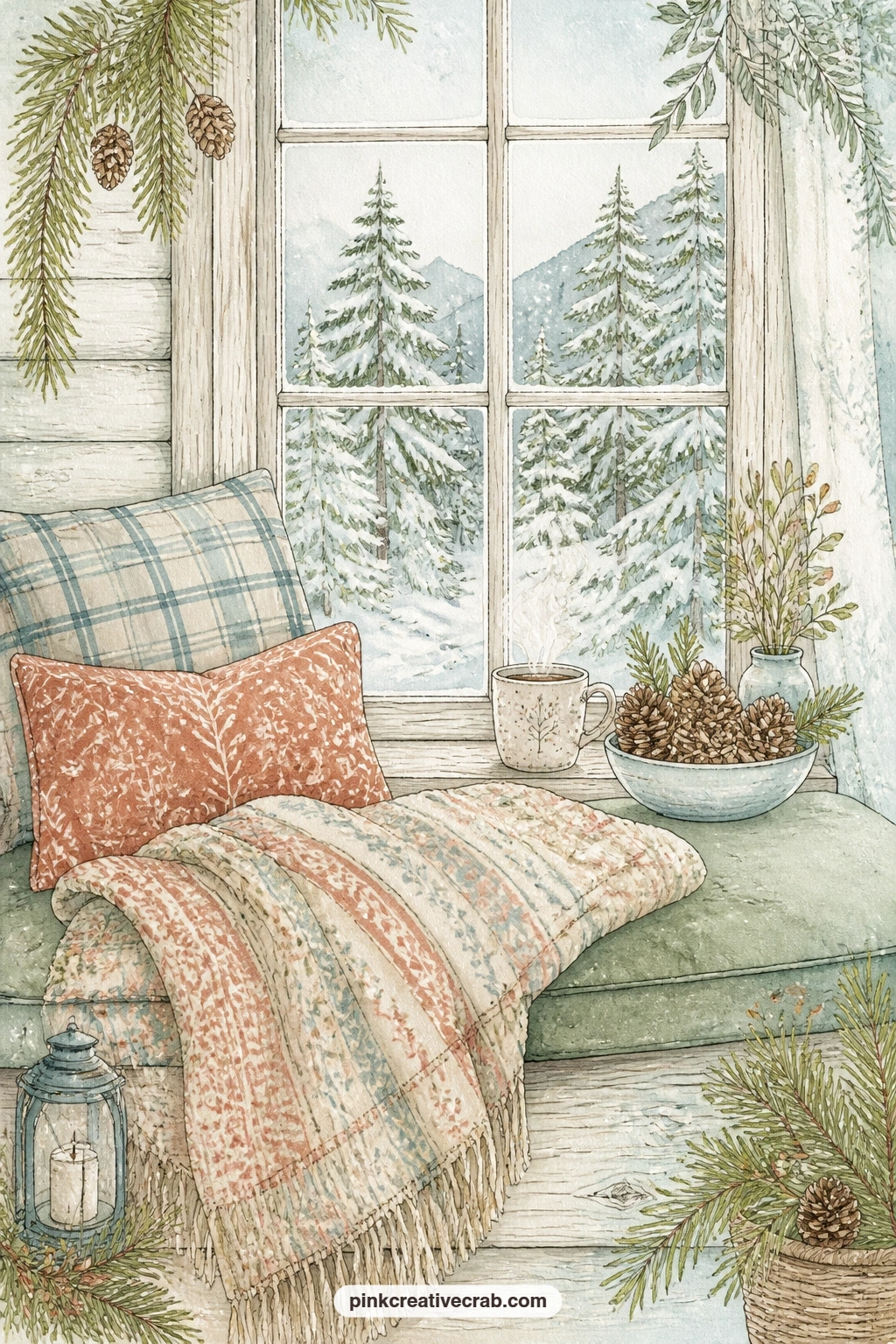Window Seat With Pinecones printable page — A wool blanket, a small bowl of pinecones and a steaming mug turn this window seat into the kind of corner worth