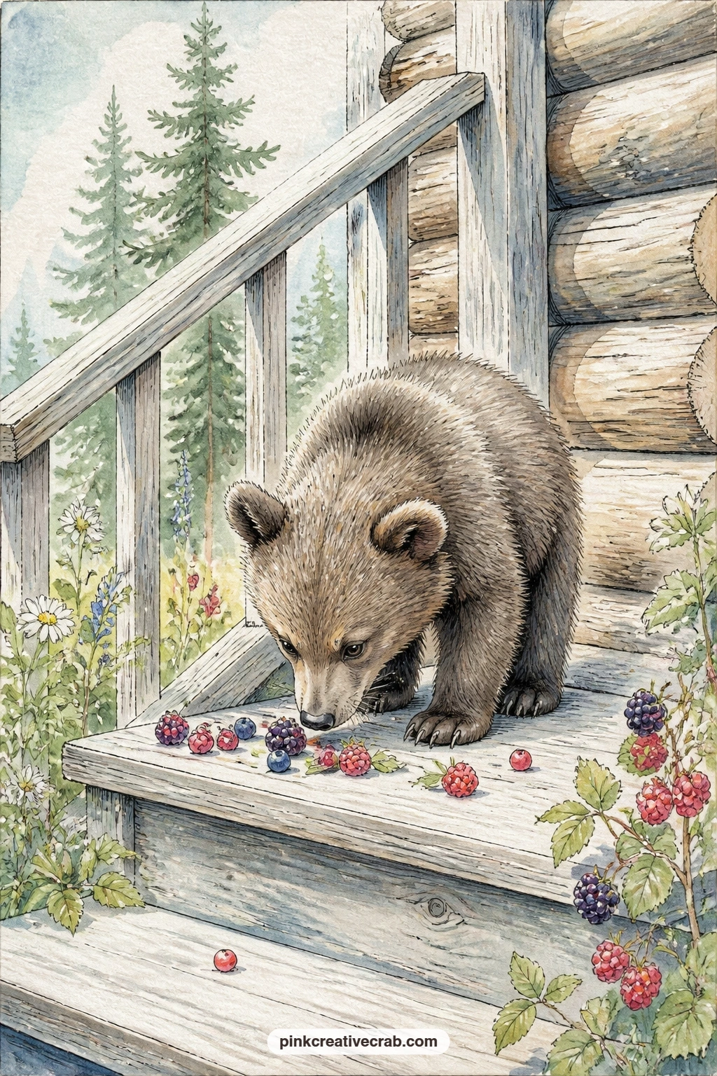 Bear Cub On The Step printable page — A curious bear cub sniffs at a scatter of wild berries on the porch step, one paw lifted, pines and the cabin wall rising