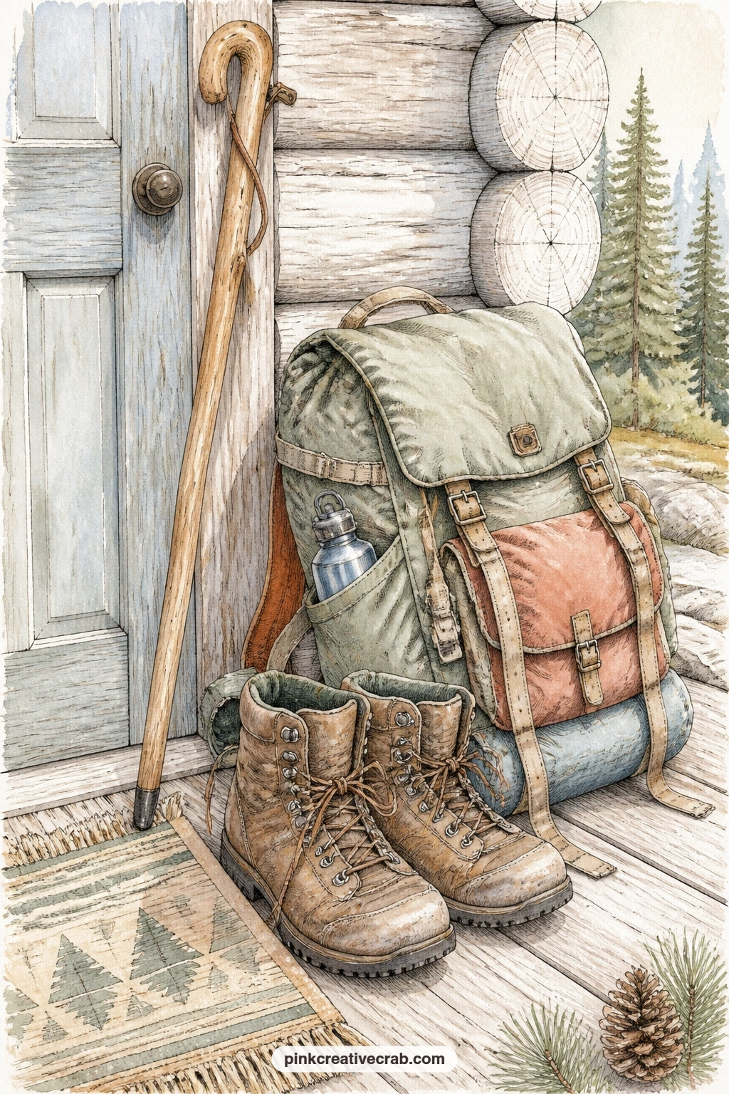 Hiking Boots By The Door printable page — Worn hiking boots, a walking stick and a loaded backpack lean together by the cabin door, ready for a woodland trail