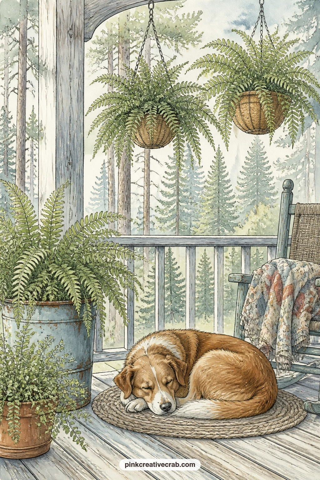 Porch Ferns And Sleeping Dog printable page — If your dog themed junk journal pages need a cabin companion, this sleeping dog on the porch mat under hanging