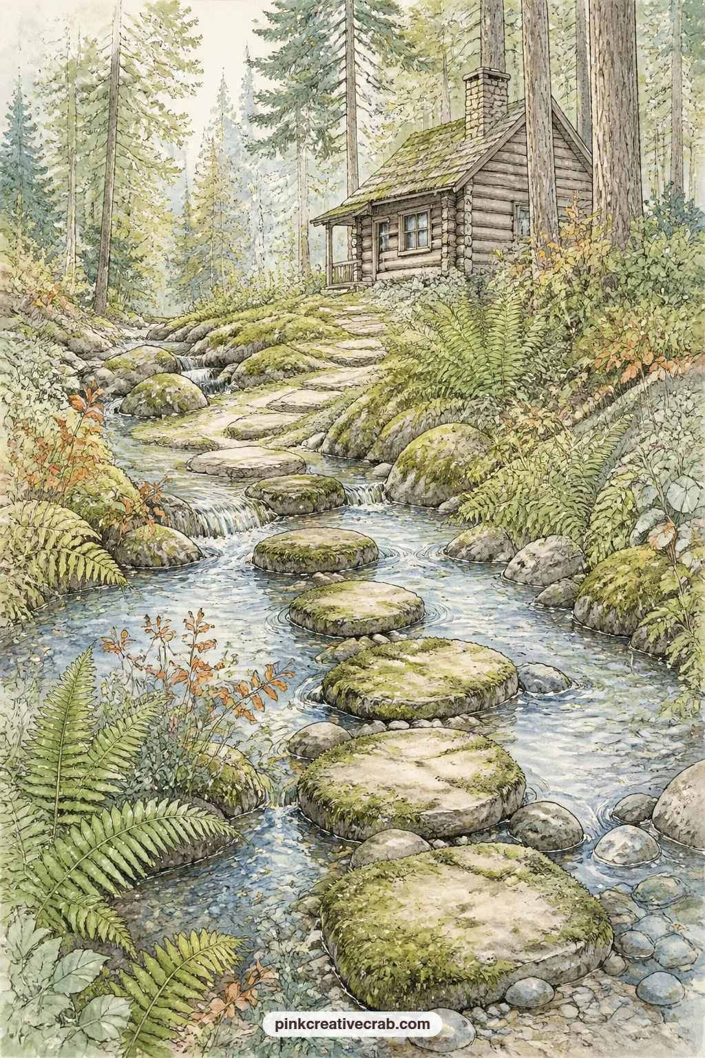 Mossy Cabin Stepping Stones printable page — A creek lined with mossy stepping stones leads the eye up toward a small cabin tucked into the trees, ferns