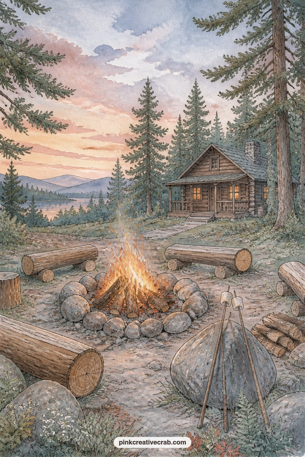 Campfire Ring At Dusk printable page — Place this scene beside the cabin at soft pink dusk later in the set: the warm firelight on one page and the glowing