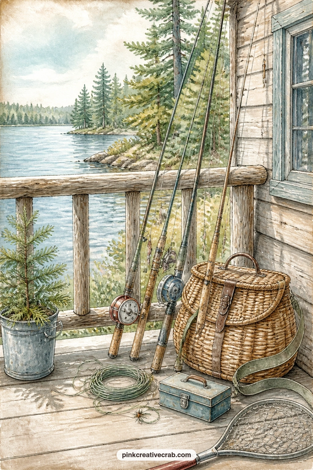 Fishing Rods On The Rail printable page — Fishing rods and a wicker creel lean against the cabin rail, line still damp from the morning, the lake catching