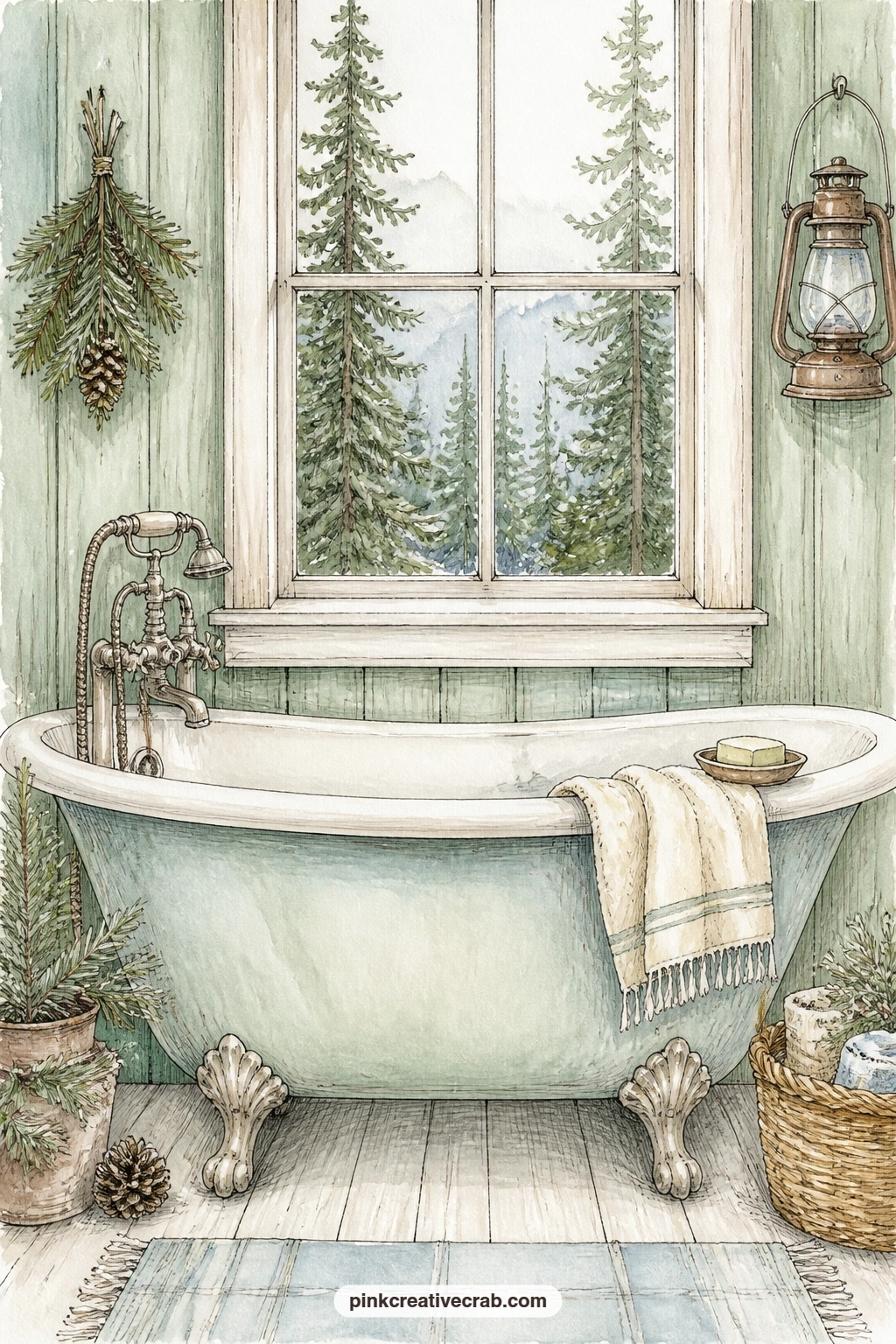 Clawfoot Tub By The Window printable page — A clawfoot tub sits beneath a cabin window looking straight out on rows of pines, a folded towel and a small soap