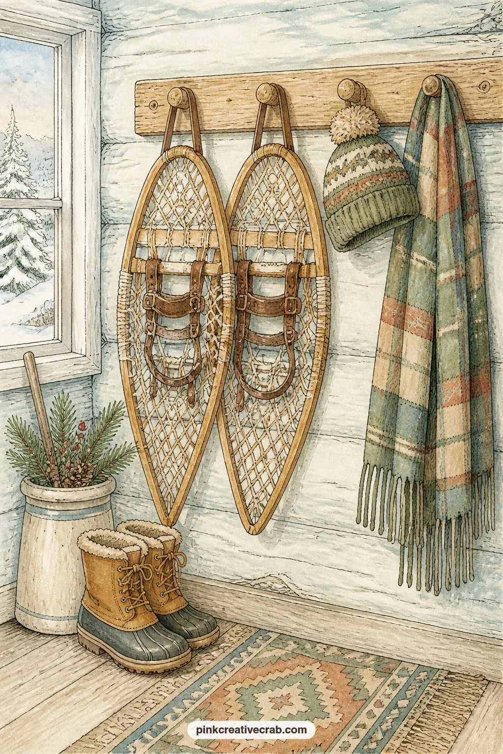Snowshoes On The Pegs printable page — Snowshoes and a wool hat hang from wooden pegs just inside the cabin door, a scarf draped beside them and a small rug