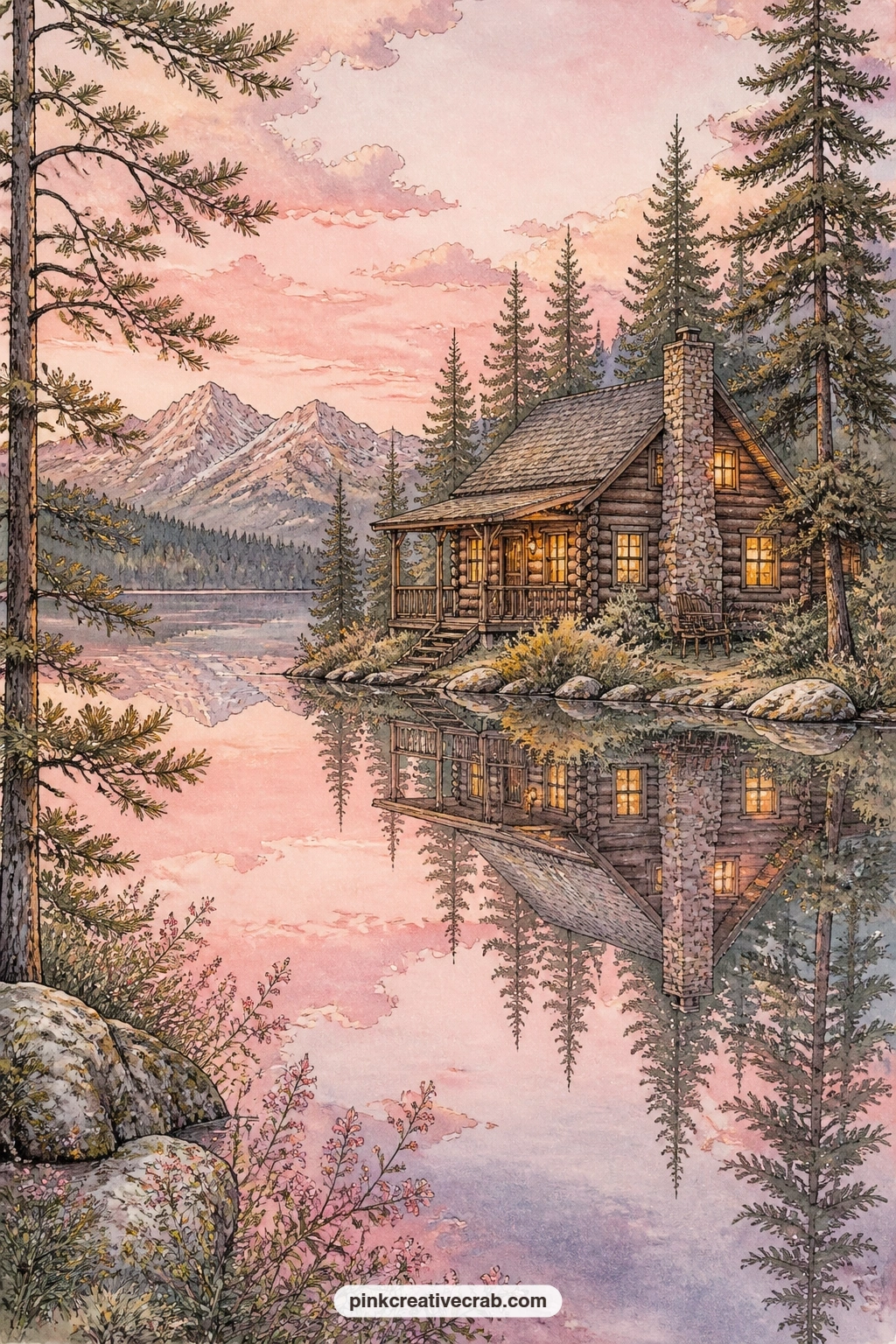 Cabin At Pink Dusk printable page — Warm windows glow against a soft pink sky while the lake holds a still reflection of the whole cabin, the kind of page that