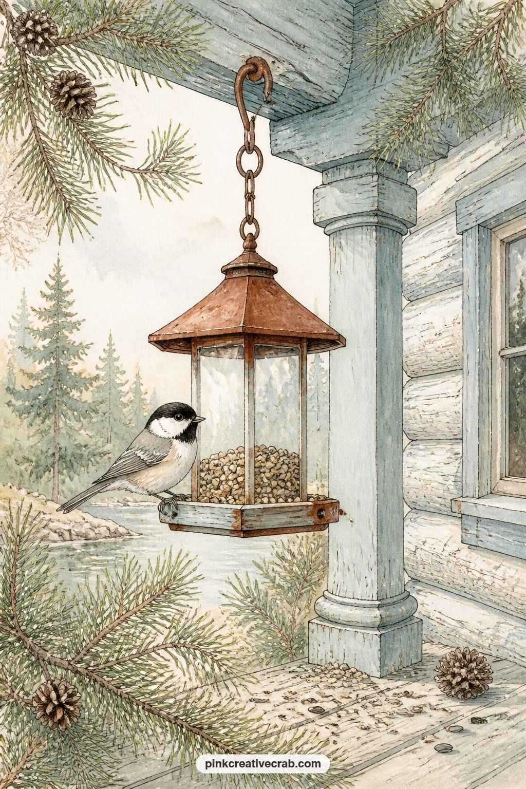 Chickadee At The Feeder printable page — A small chickadee perches at a feeder hung from a cabin porch beam, seed scattered below it and a few pine branches