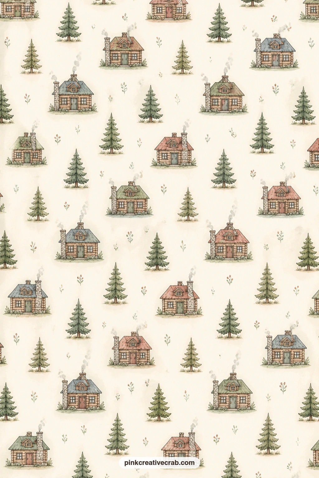 Tiny Cabins Cream Pattern printable page — Small log cabins and pine trees repeat across a cream field, light enough to sit under a photo, line a pocket, or