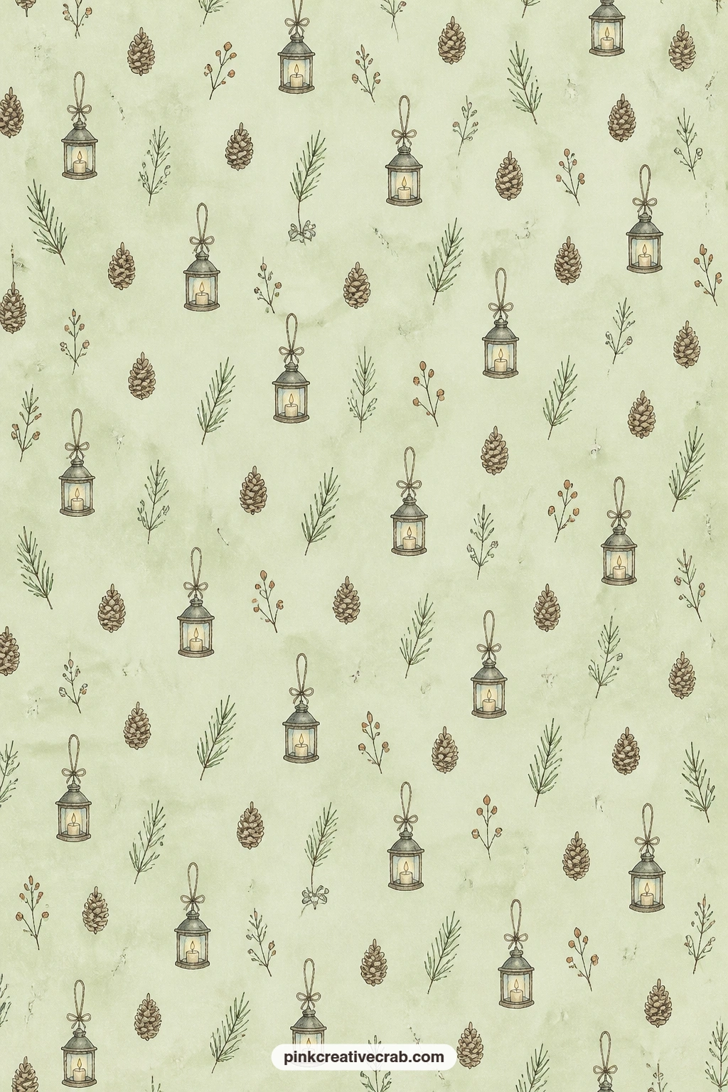 Pinecones And Lanterns Pattern printable page — Scattered pinecones and small hanging lanterns cover this sage green page, a good lining for a pocket, a