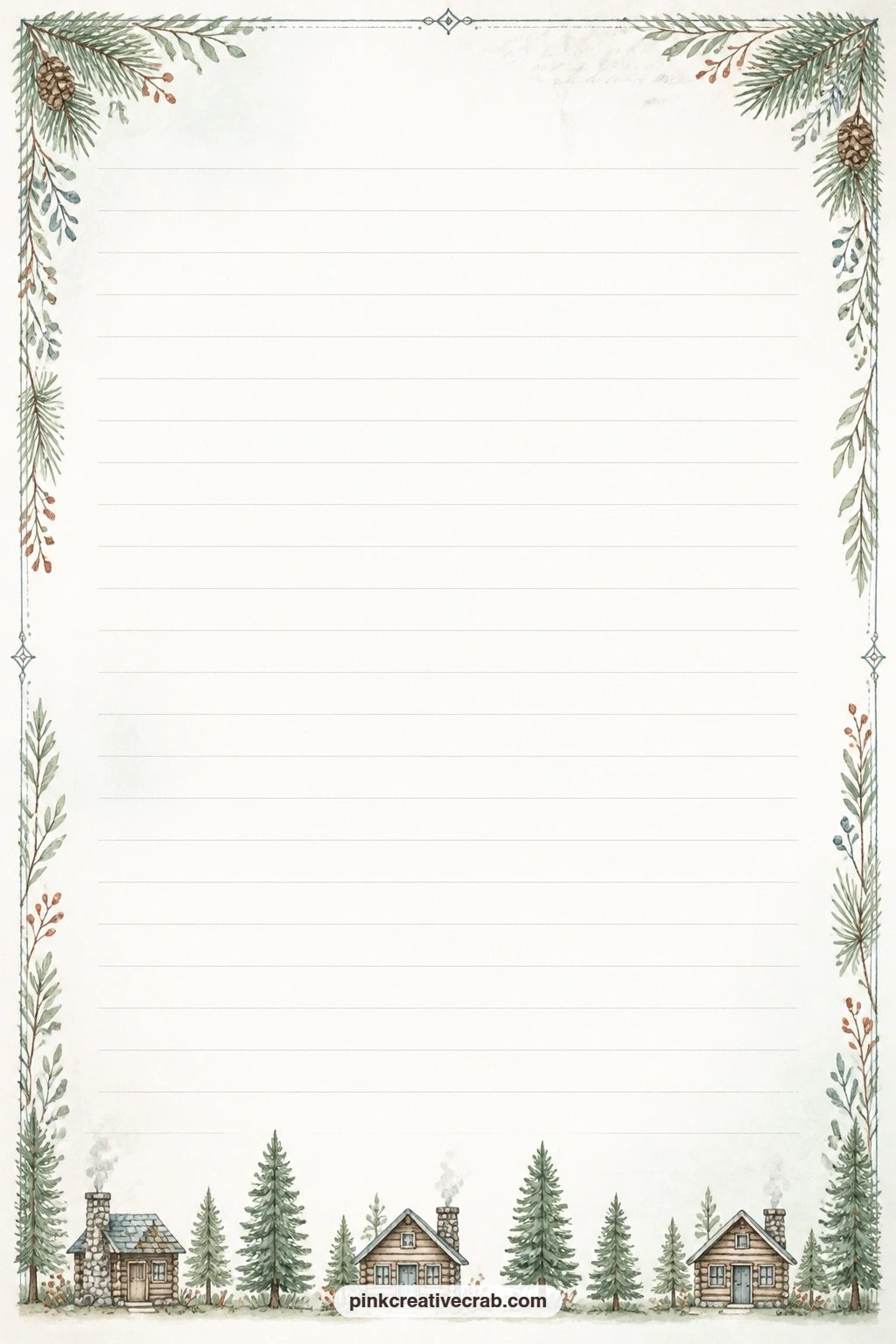 Cabin And Pines Lined Page printable page — A bottom border of tiny log cabins and pine trees sits under faint ruled lines, ready for a gift list, a trail log