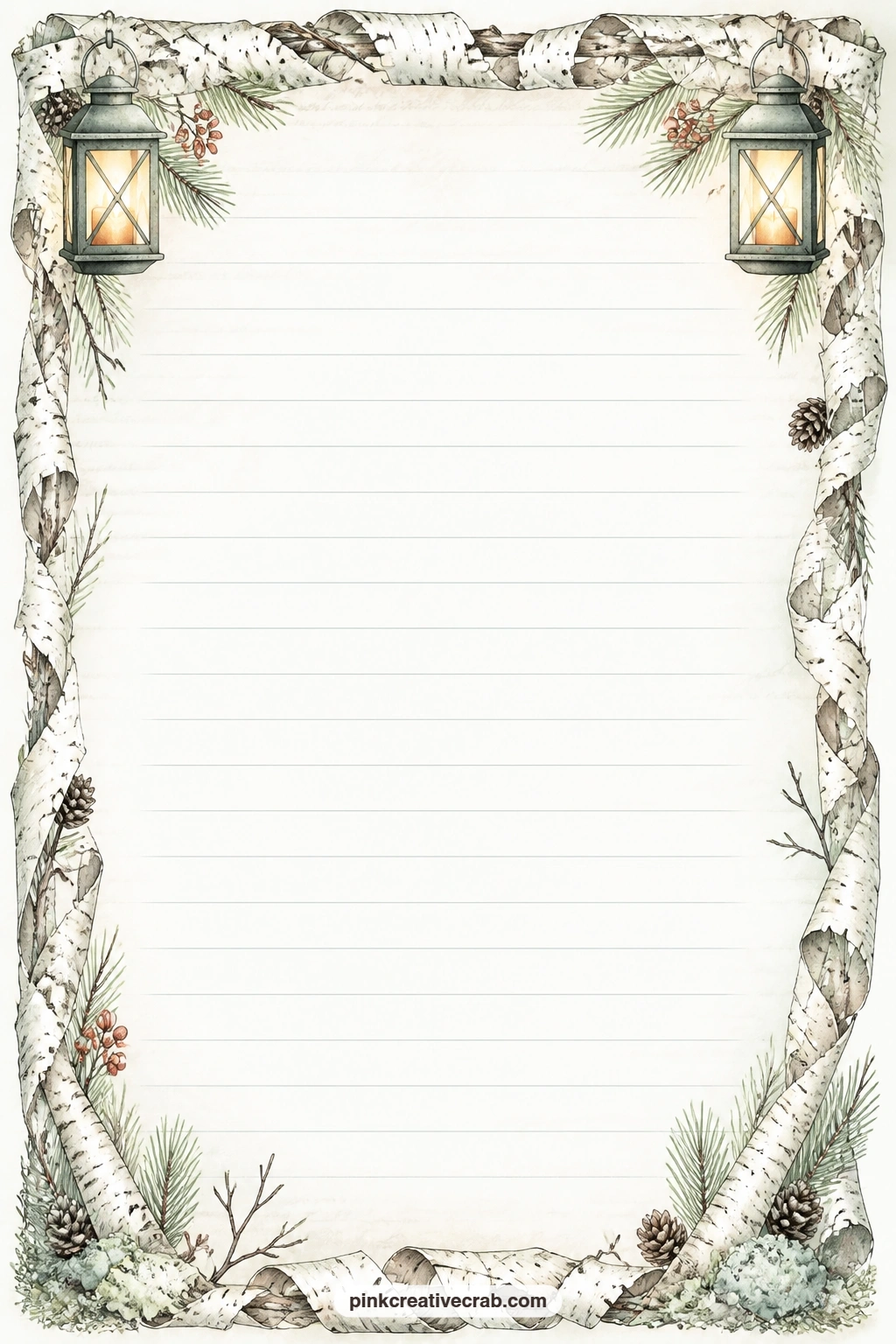 Birch Bark Lantern Frame printable page — Birch bark strips and a small glowing lantern frame the page corners, leaving the ruled center free for a packing