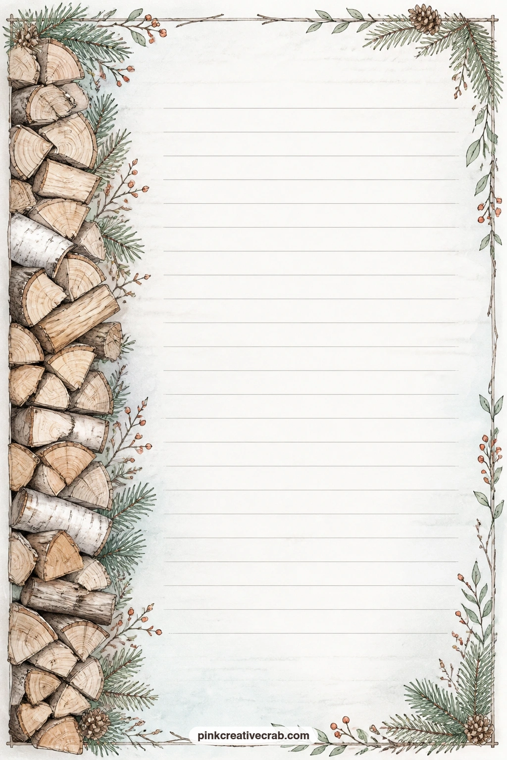 Stacked Firewood Lined Page printable page — A side border of neatly stacked firewood runs down one edge, giving faint ruled lines room for a chore list, a