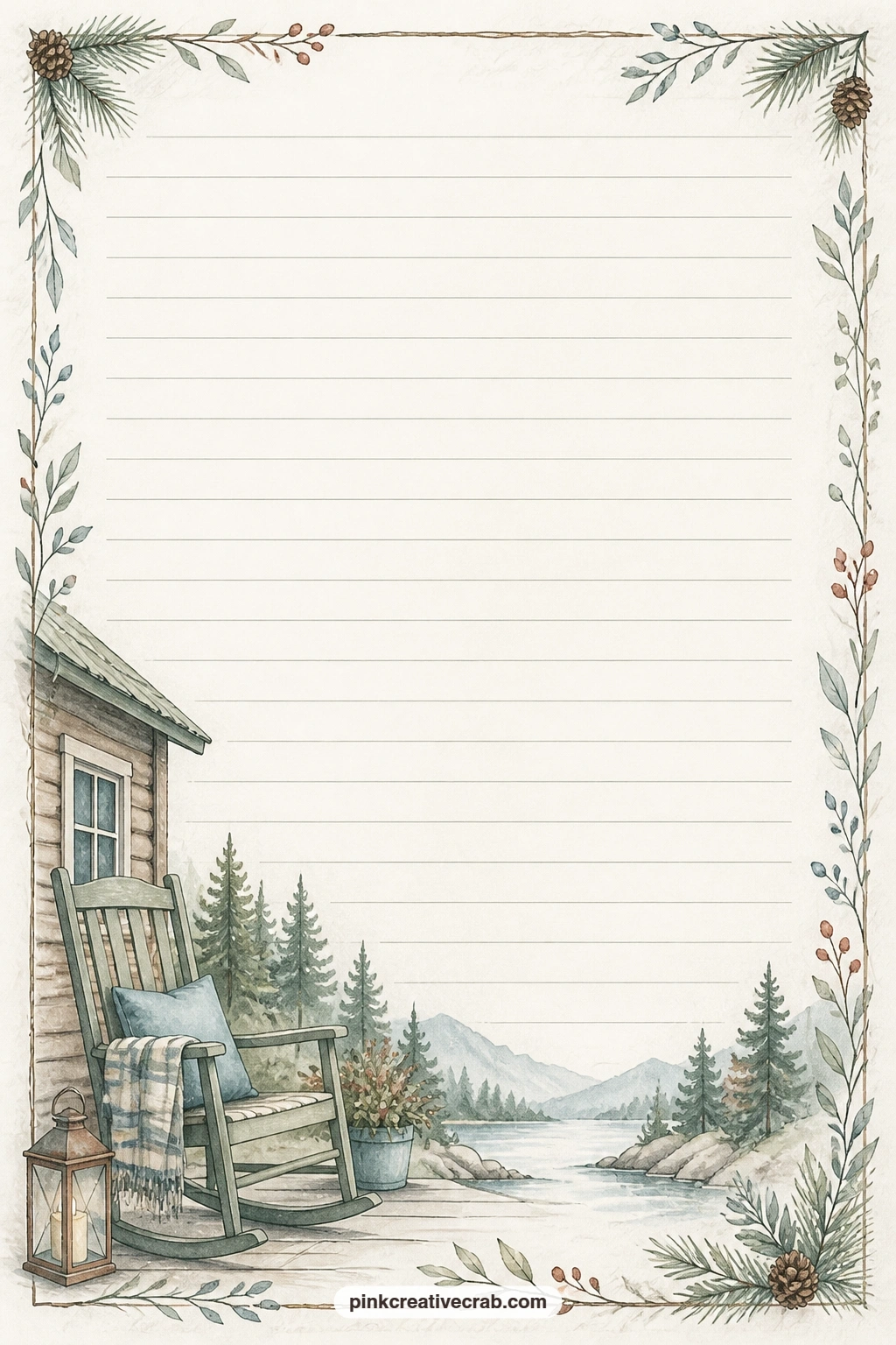 Rocking Chair Corner Lined Page printable page — A small rocking chair sits tucked into one corner with the ruled lines open for a porch reflection, a guest