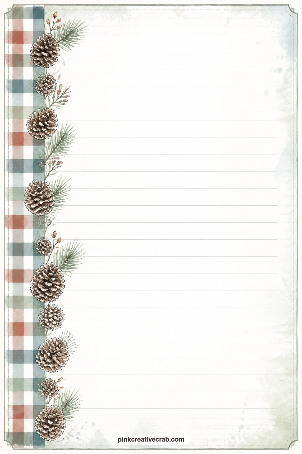 Buffalo Plaid Pinecones Lined Page printable page — A soft plaid edge scattered with pinecones runs along one side, leaving the ruled lines free for a winter
