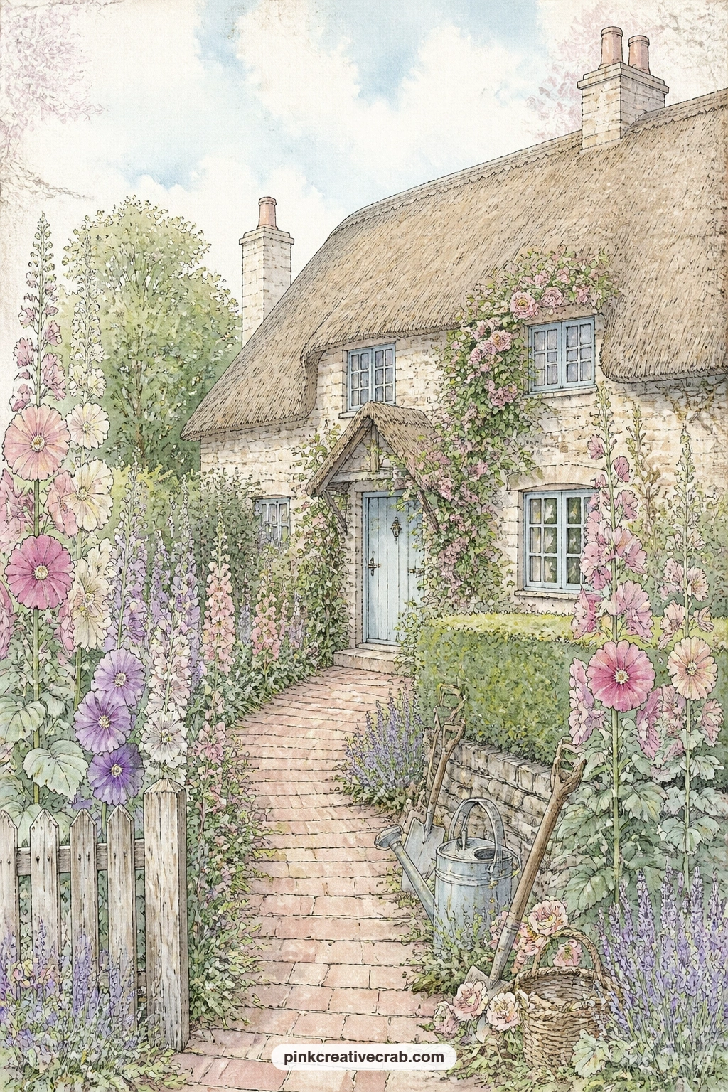 Thatched Cottage On A Brick Path printable page — Settle the whole journey here, with a thatched cottage anchoring the page while hollyhocks and roses crowd