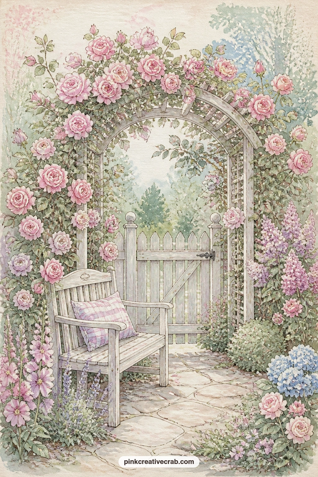 Rose Arbor Over The Picket Gate printable page — Tuck a pressed rose petal or a ticket stub under this one, since the bench beneath the arbor gives a natural