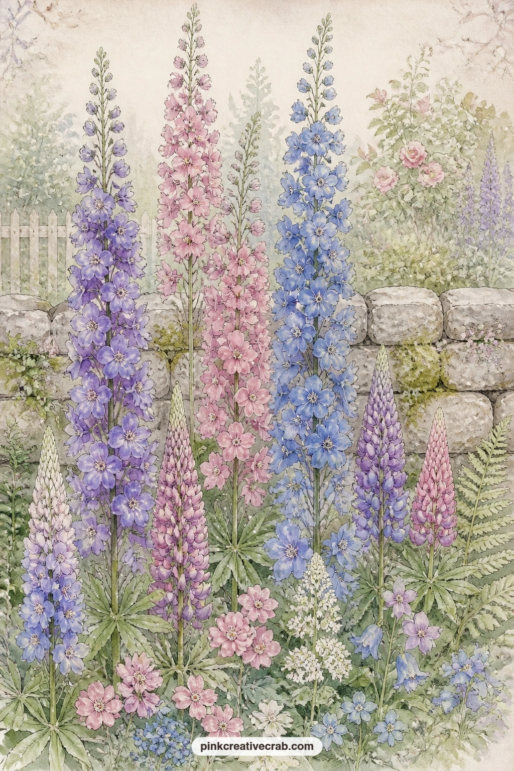 Delphiniums Along The Stone Wall printable page — Pair this page with the hollyhocks and roses background from later in this set, laying one behind the other