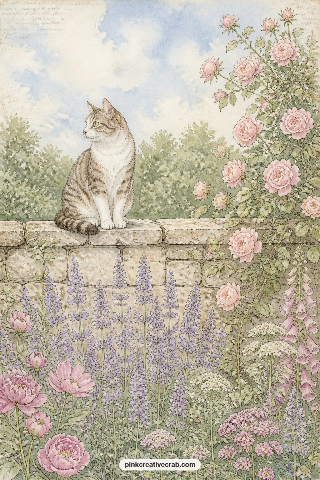 Cat On The Garden Wall printable page — Give this page to whoever in the gift journal loves a cat more than the garden itself, since the real subject here is