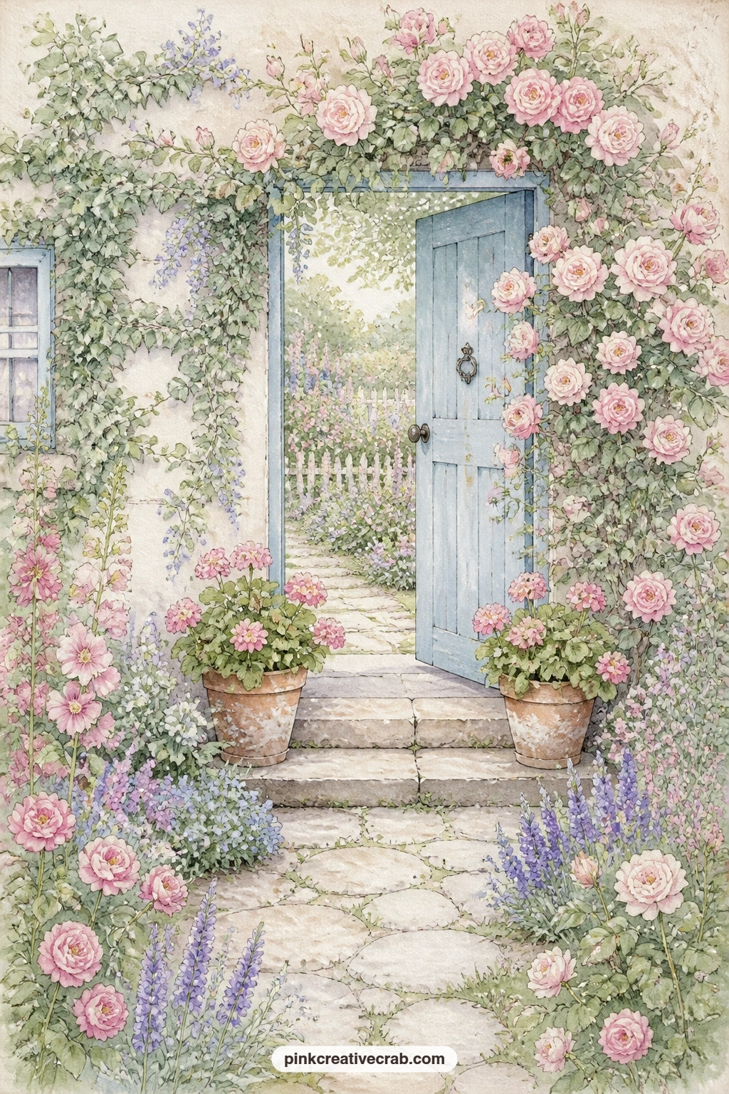 Cottage Door With Climbing Roses printable page — Try tea-staining just the bottom corner of this page before gluing it in, so the climbing roses look