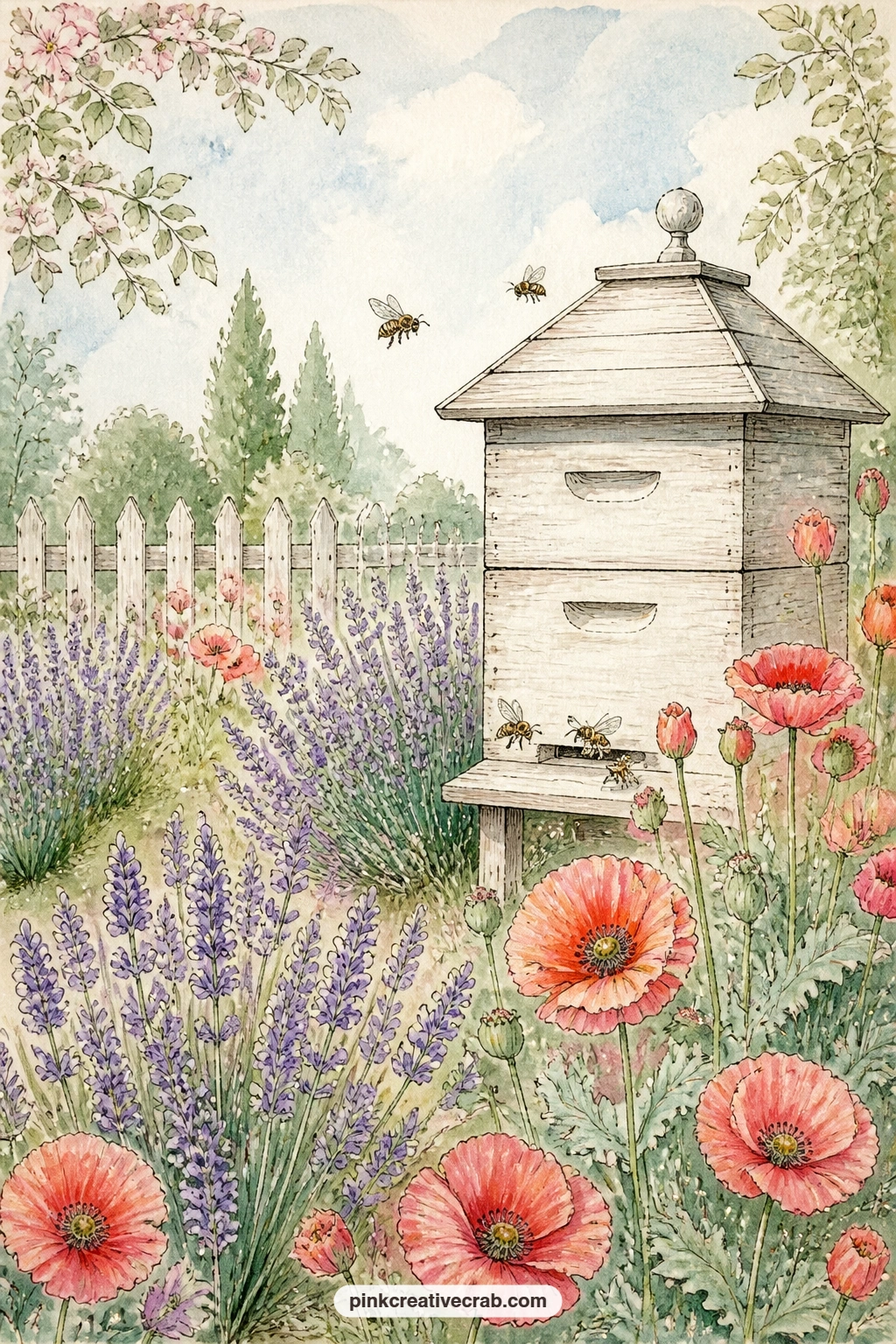 Beehive Among Lavender And Poppies printable page — Set this five minutes aside for a quick version: colour just the beehive and the nearest row of lavender