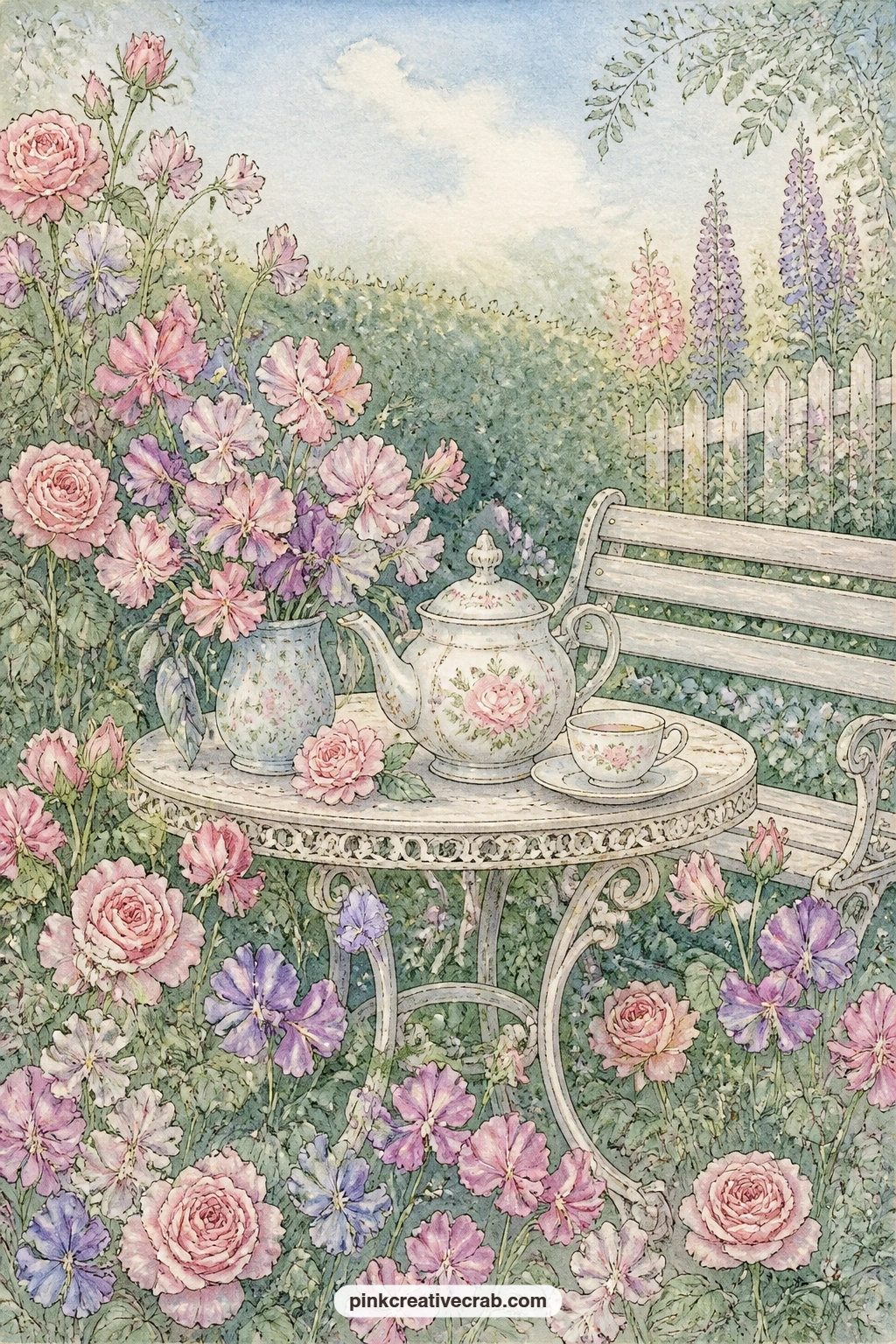 Garden Table With Teapot printable page — Ask a simple question on this entry: what would you serve at this table, and who would you invite to sit beside the