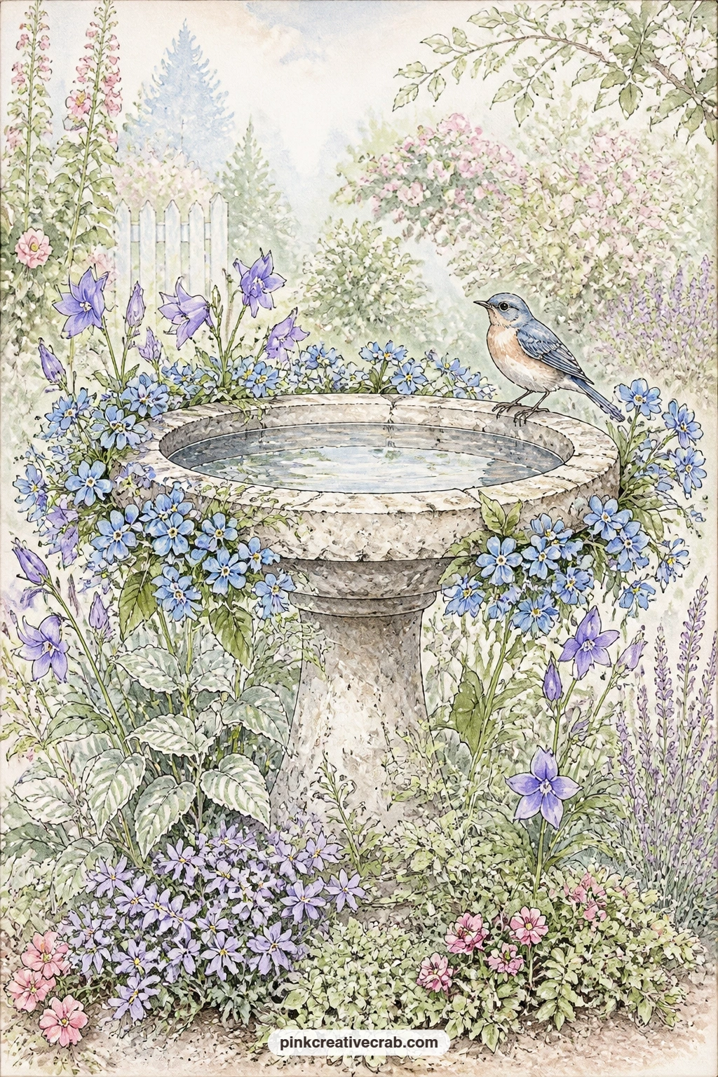 Birdbath Ringed With Forget-Me-Nots printable page — Place this page beside the pond scene later in the set, matching water for water, so the two pages read as