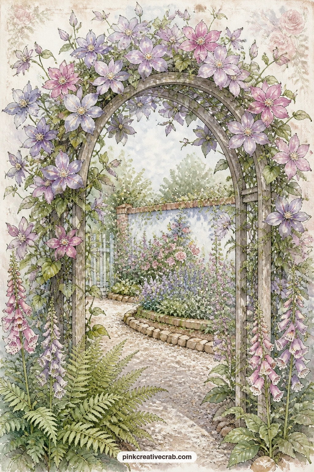 Arched Trellis Of Clematis printable page — An arched trellis thick with clematis stands over a gravel path, with ferns and foxgloves gathered at its feet and