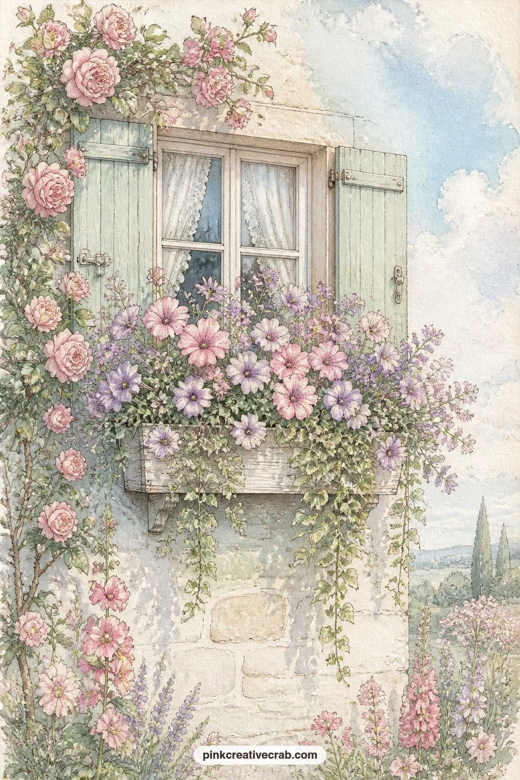 Cottage Window Box Spilling Over printable page — For a quick five minute page, paint just the window box and the sill beneath it, letting the painted wall