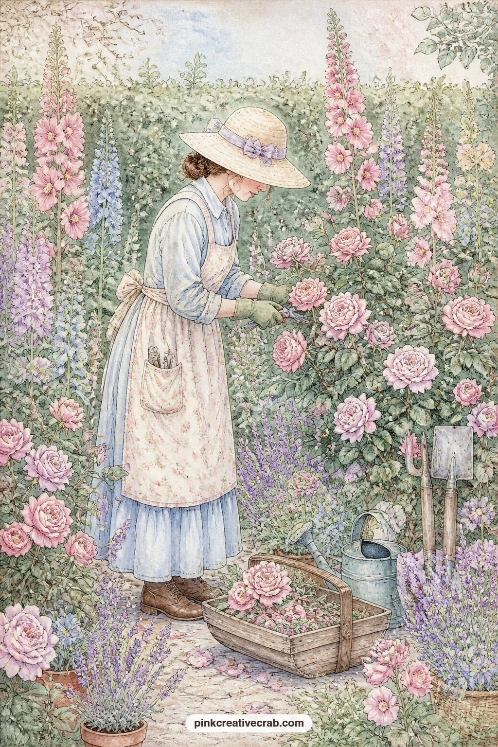 Gardener Deadheading Roses printable page — A gardener in a straw hat works through a rose bed with a wooden trug at her feet, spent blooms already gathered