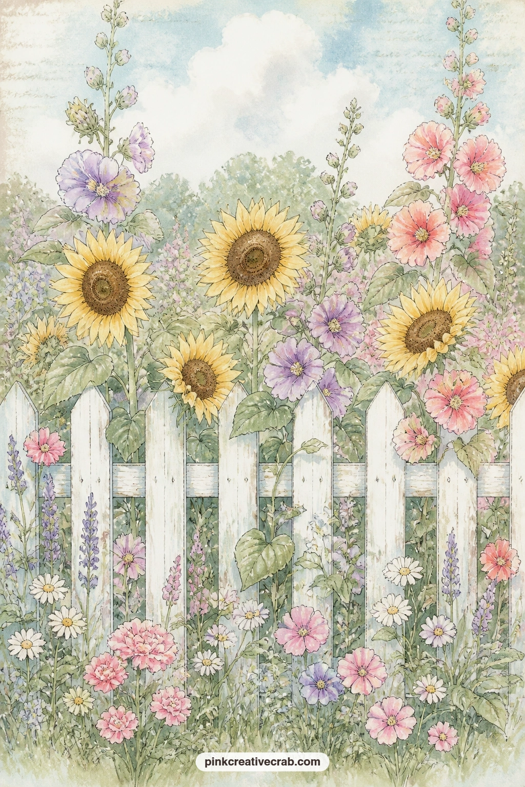 Picket Fence Of Sunflowers printable page — Fold this page down the middle so the fence opens like a little gate, with the sunflowers and hollyhocks rising