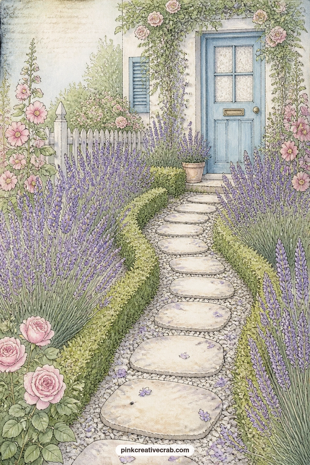 Stepping Stones Through Lavender printable page — Lay stepping stones through a bank of lavender, the path ending at a blue cottage door, with low box hedging