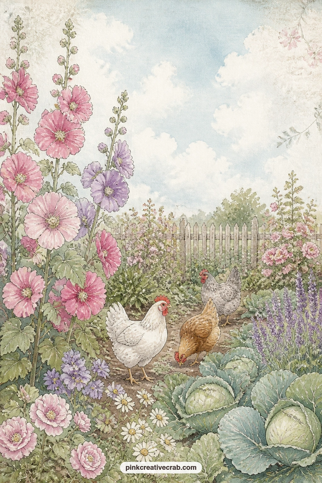 Chickens In The Flower Plot printable page — Let a sketchbook lover try this one in full, since a hobbyist with more confidence can work the hollyhocks