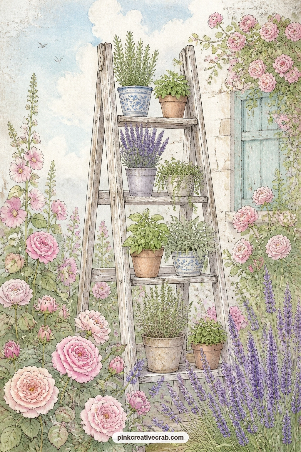 Old Ladder With Potted Herbs printable page — Write a short herb list down this page, naming what grows in each pot on the ladder, from rosemary to mint, as a