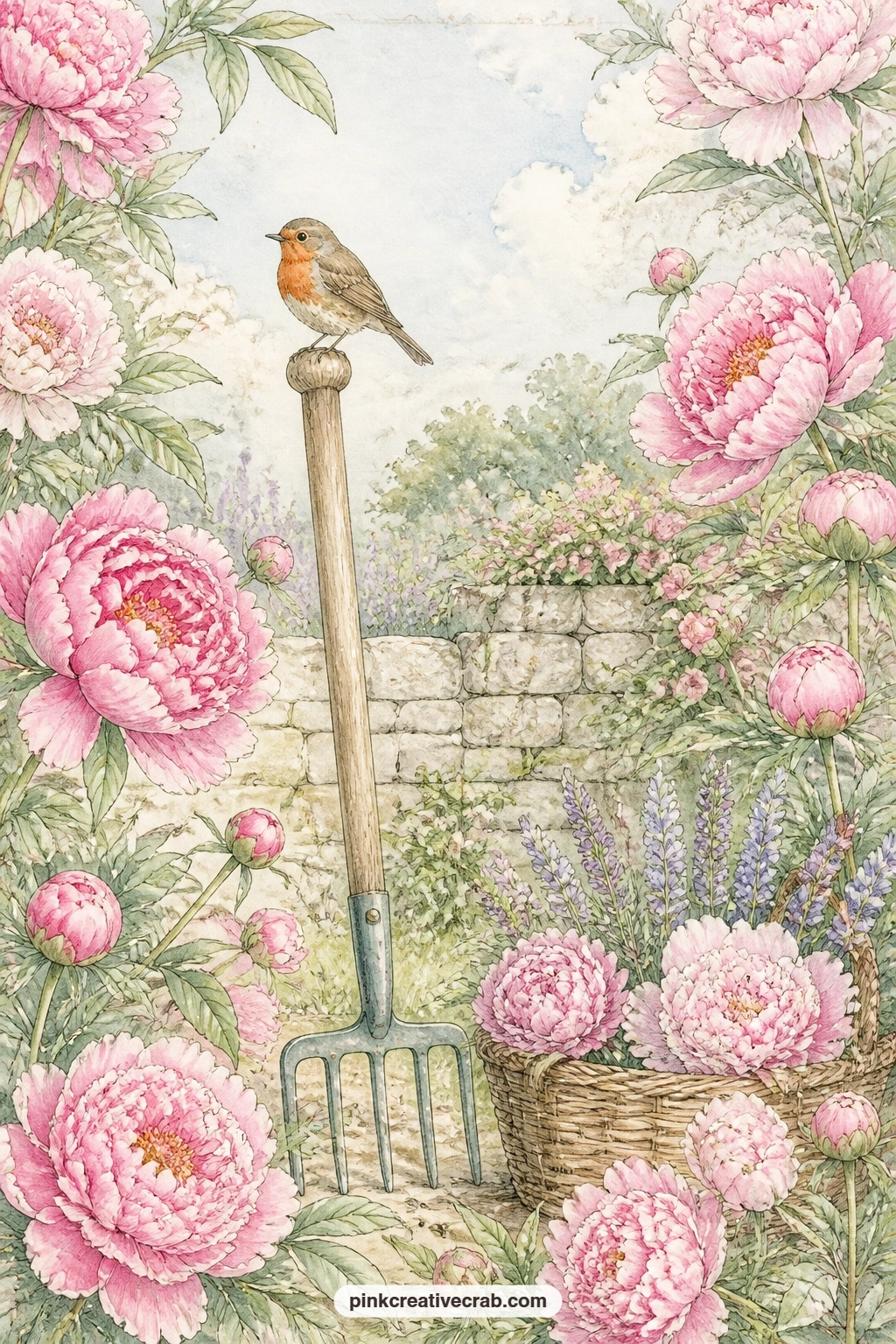 Robin On The Rake Handle printable page — A robin perches on an upright rake handle in a border thick with peonies, a basket of cuttings nearby and a low stone