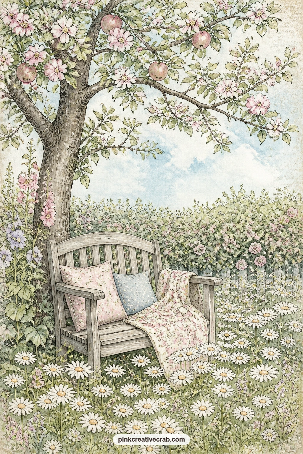 Garden Seat Under The Apple Tree printable page — Ask what you would read or write sitting on this seat, with daisies scattered thick at your feet and the