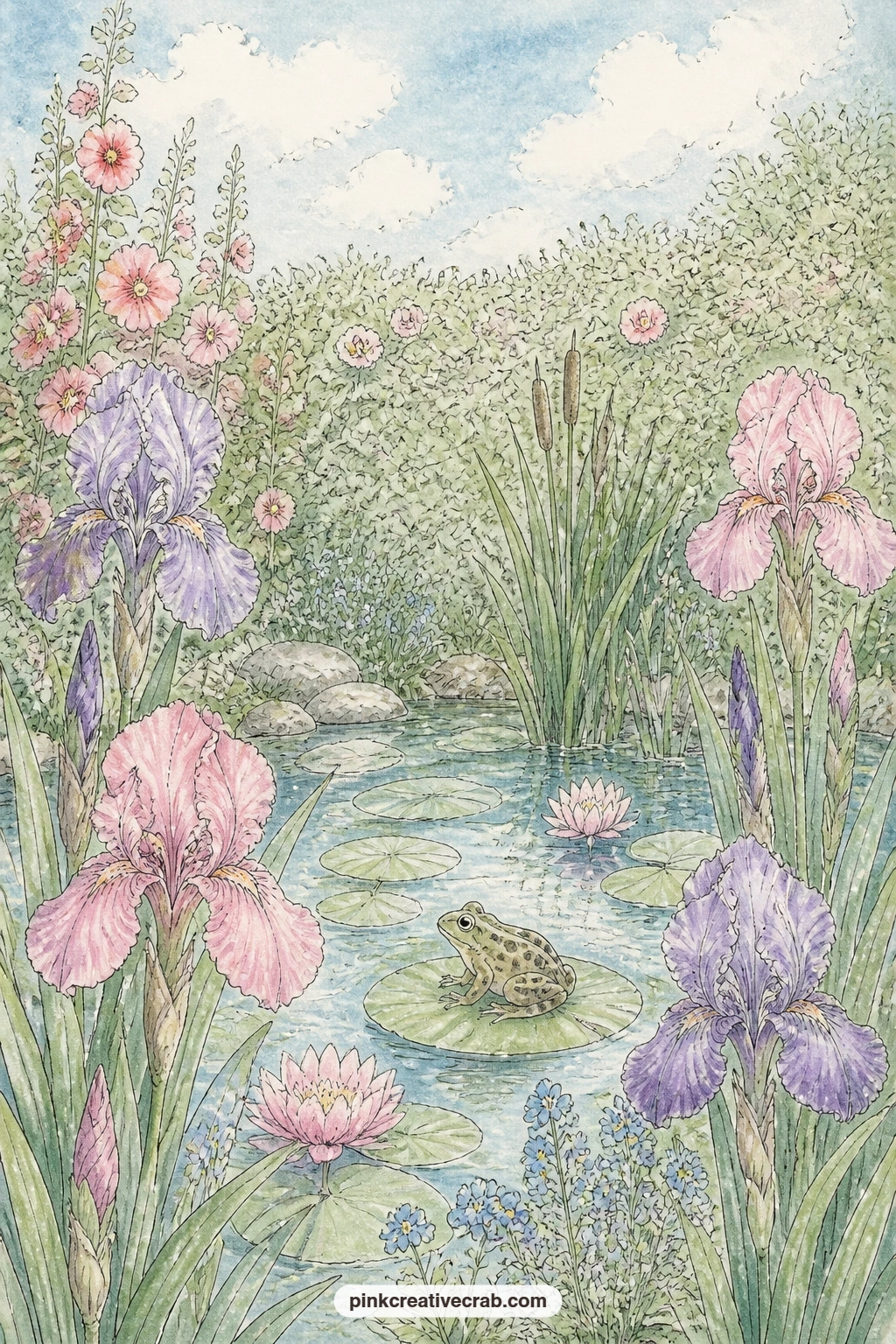 Cottage Garden Pond With Irises printable page — A cottage pond sits ringed with irises, a frog resting on a lily pad at its centre, reeds and forget-me-nots