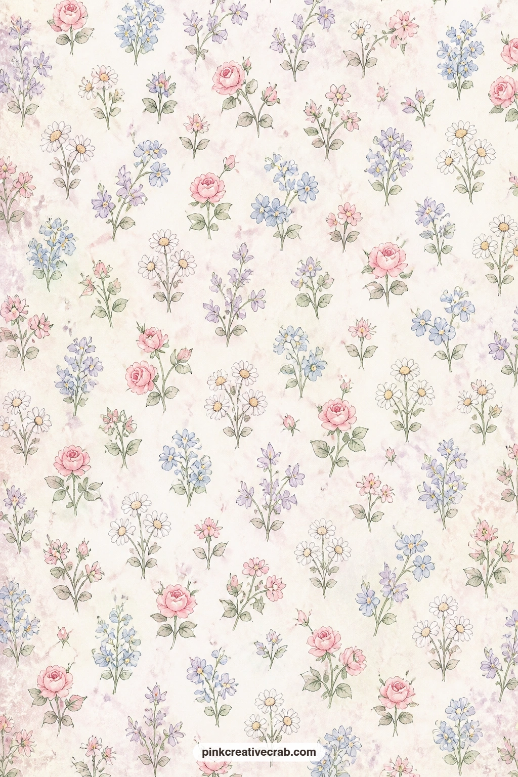 Tiny Garden Flowers Pattern printable page — Small cottage garden flowers scatter edge to edge across a cream ground, in the same soft palette as the scene