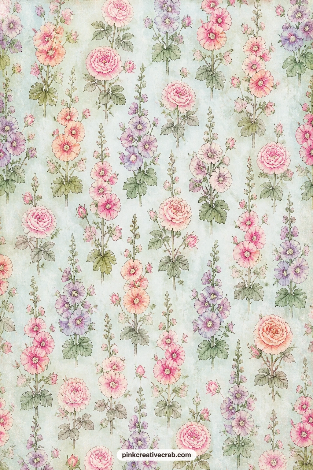 Hollyhocks And Roses Pattern printable page — Hollyhocks and roses repeat across a soft blue ground for a cover that feels like a June border. Cottage garden