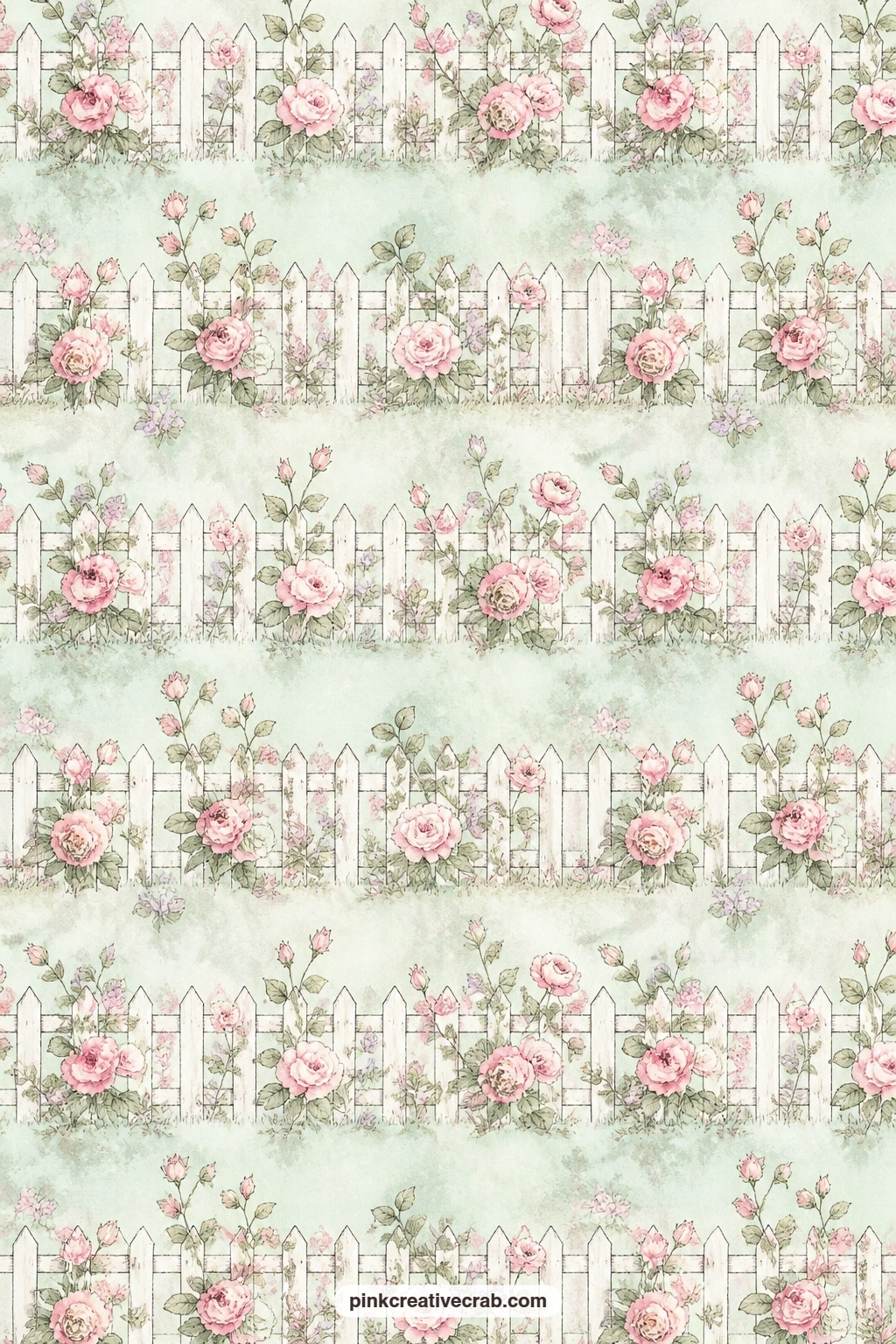 Picket Fence And Roses Pattern printable page — A picket fence runs the width of the page under climbing roses, repeated in mint across the whole sheet.