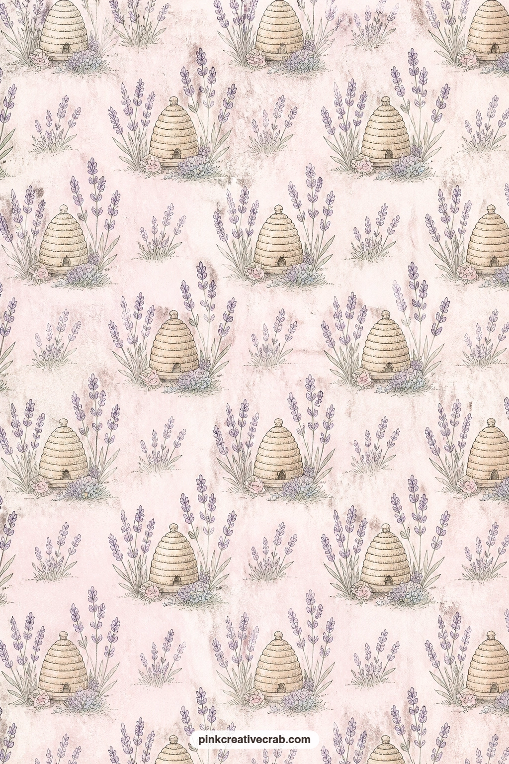 Beehives And Lavender Pattern printable page — Little beehives sit among rows of lavender on a blush ground, repeated gently across the whole page. Cottage