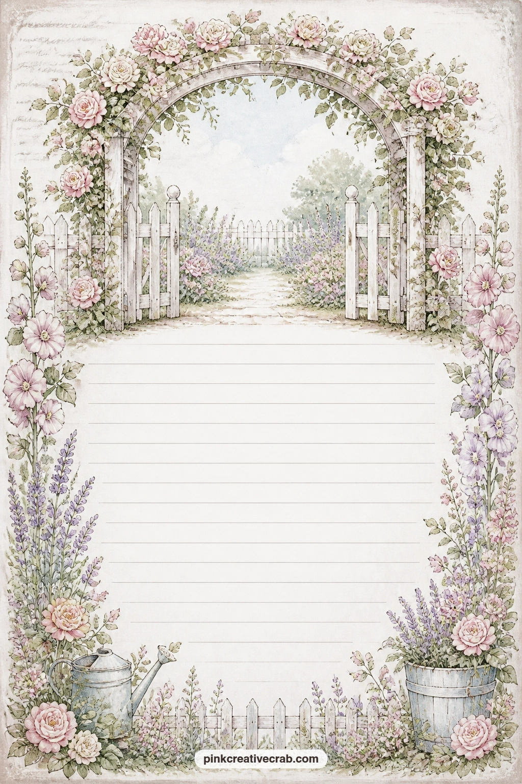 Rose Arbor And Gate Lined Page printable page — A rose arbor and picket gate frame the top of this page, faint ruled lines running beneath for the writing