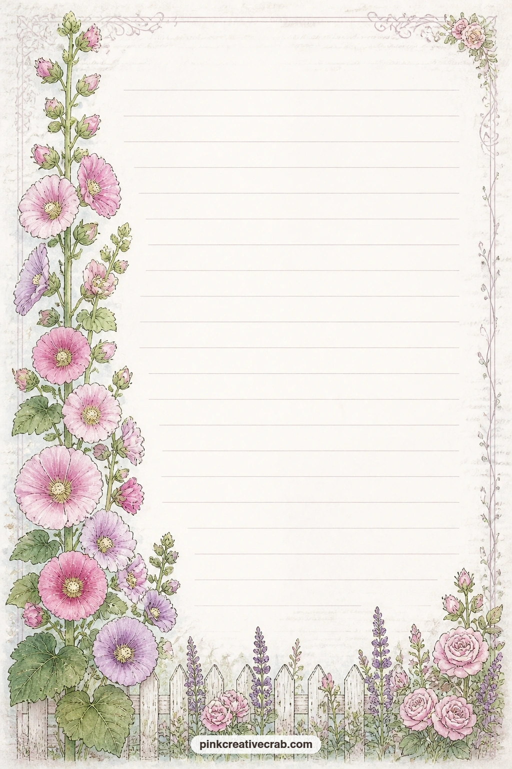 Hollyhocks Side Border Lined Page printable page — Hollyhocks climb the full length down one side of this page, faint lines crossing the rest for writing.